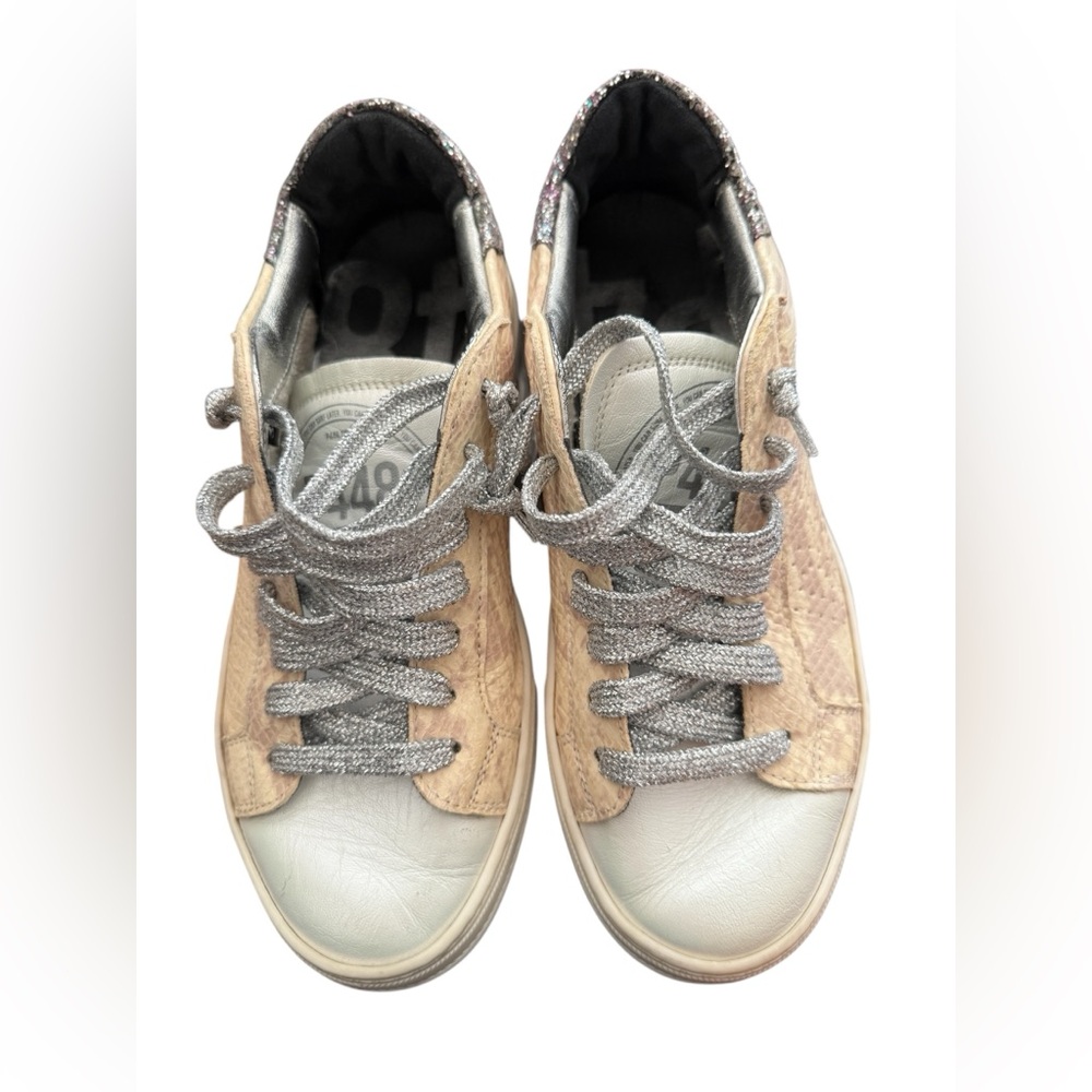 P448 Tan and Silver High-Top Sneakers Size 38 Snake Embossed and glitter detail